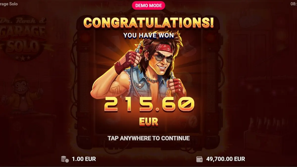 Dr. Rock & Garage Solo slot machine interface com tema de rock e garagem.